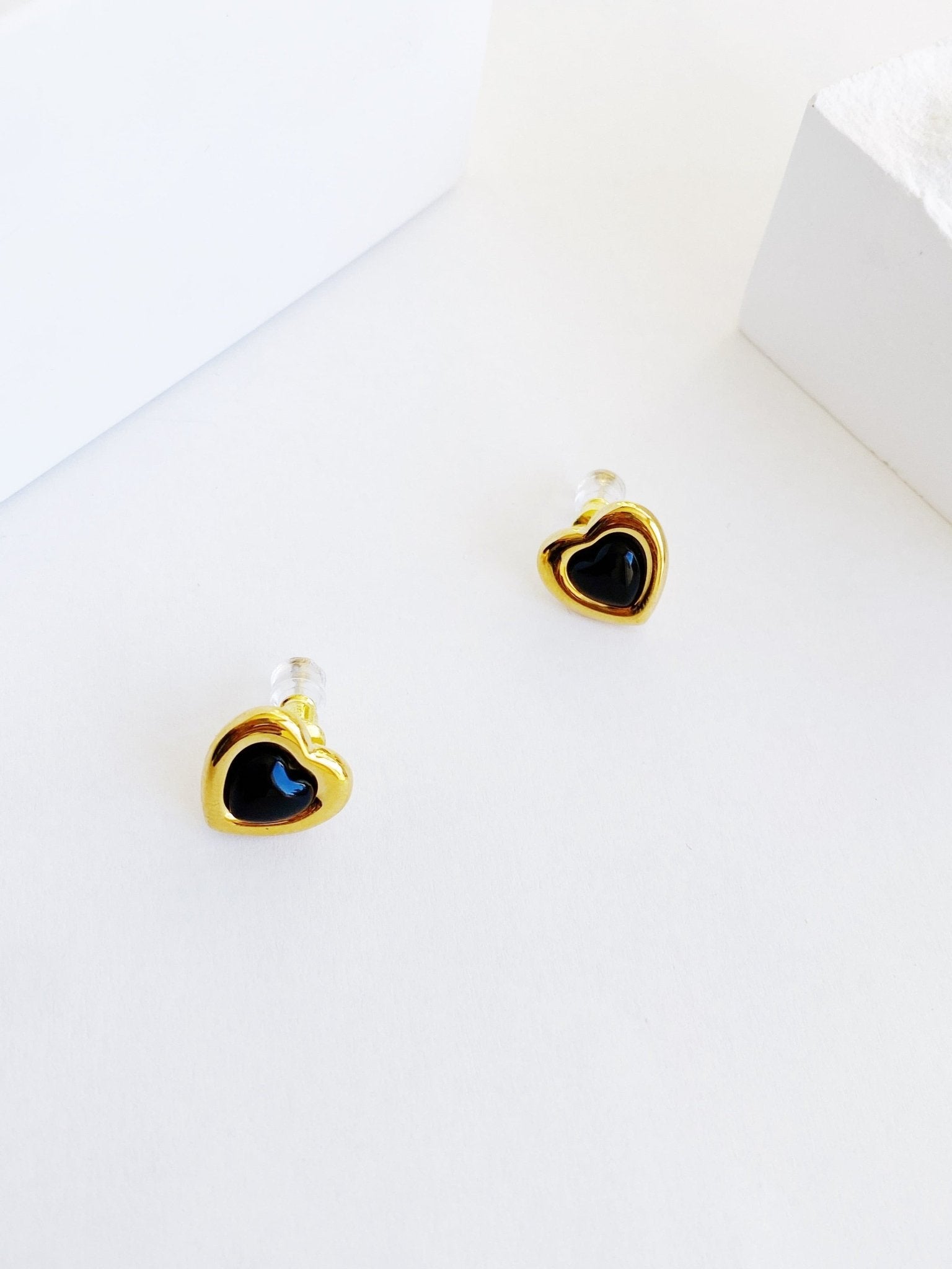 Gold & Black Heart Stud Earrings