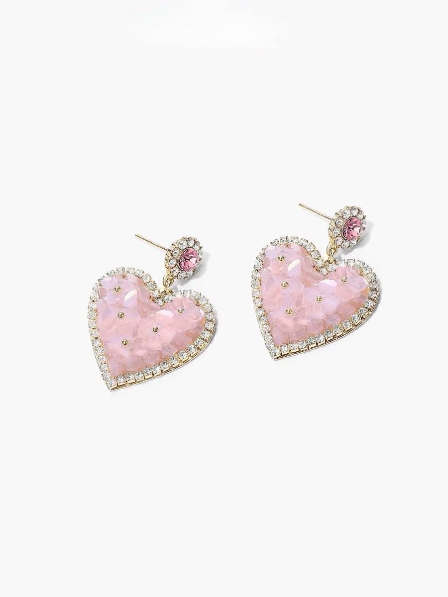 Heart Gold Drop Earrings in Light Pink Drusy