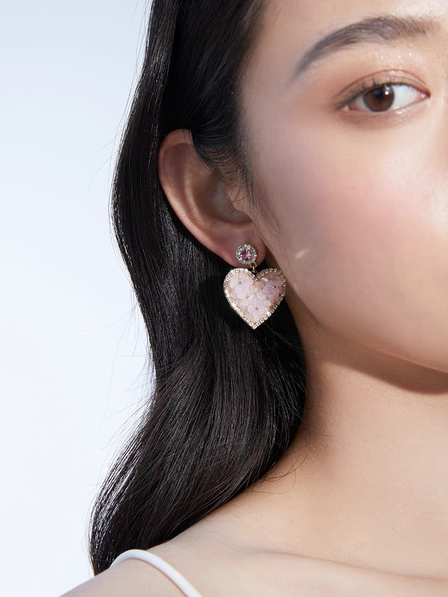 Heart Gold Drop Earrings in Light Pink Drusy