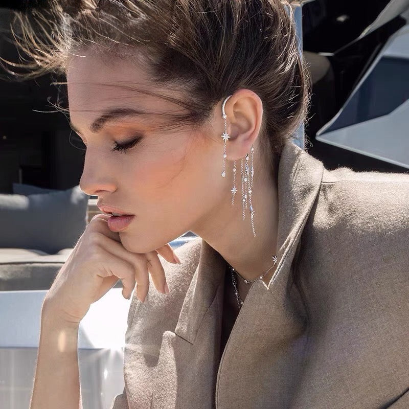 Silver Tassel Rhinestone Ear Cuff