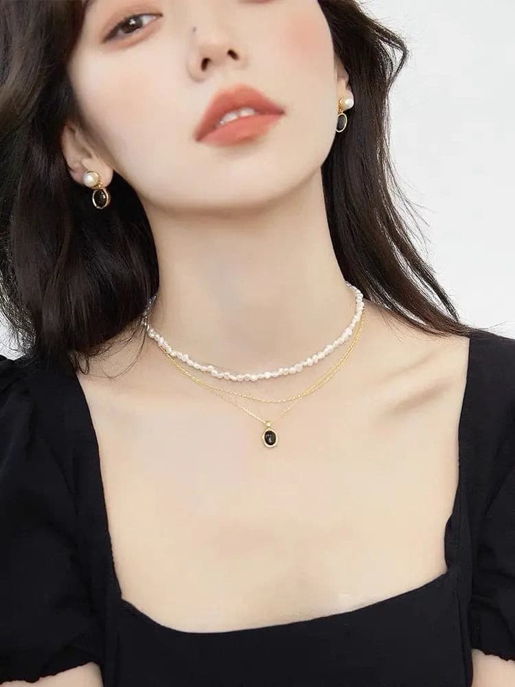 Baroque Golden Pearl Necklace & Black Stone Pendant Necklace Not Just Paris