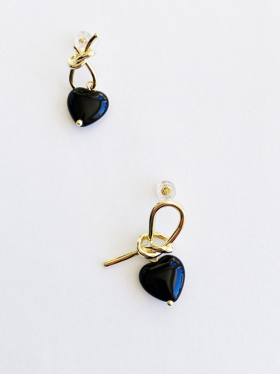 Black Heart Gold Dangle Earrings
