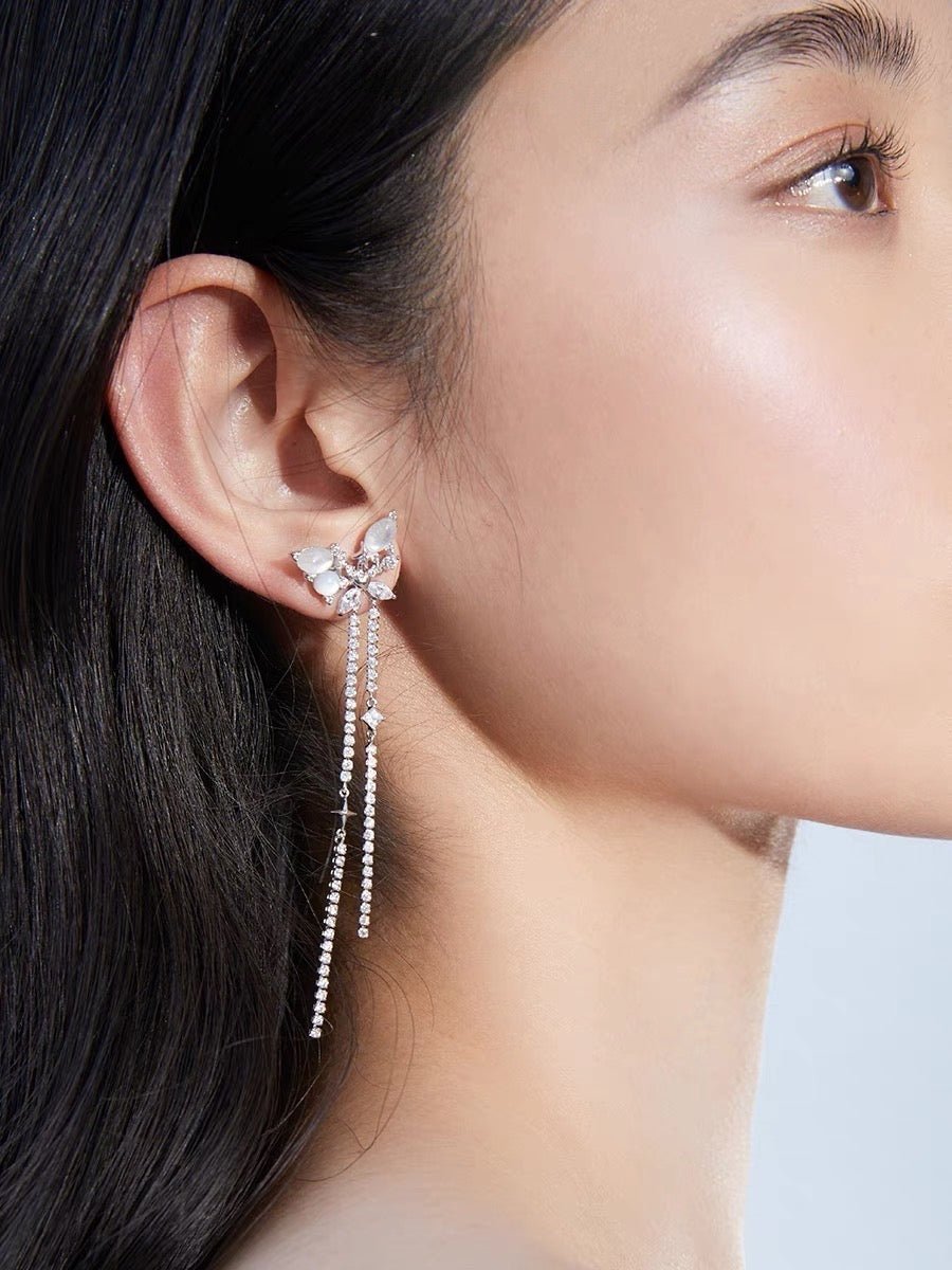 Butterfly Crystal Linear Earrings - White Gold.