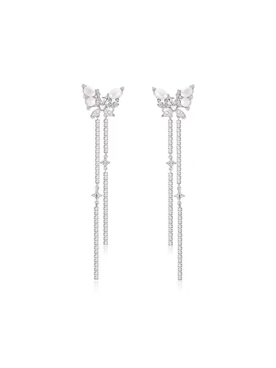 Butterfly Crystal Linear Earrings - White Gold.