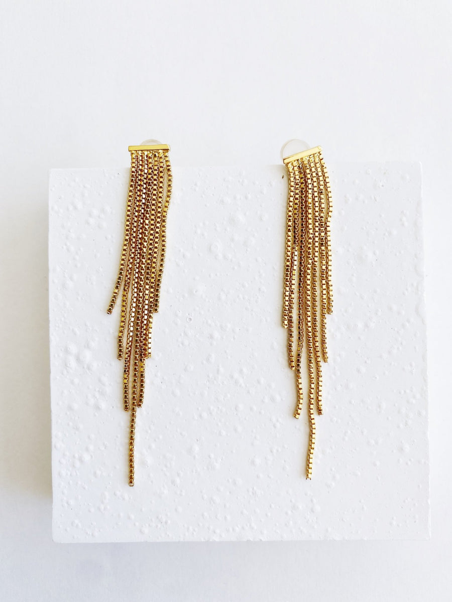 Gold Plated Bar Long Tassel Earrings.