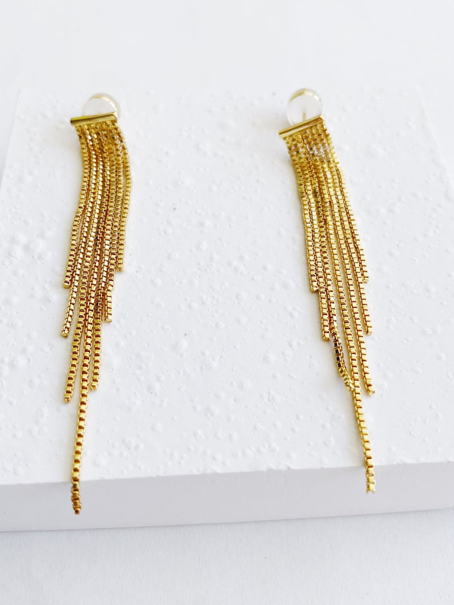 Gold Plated Bar Long Tassel Earrings.