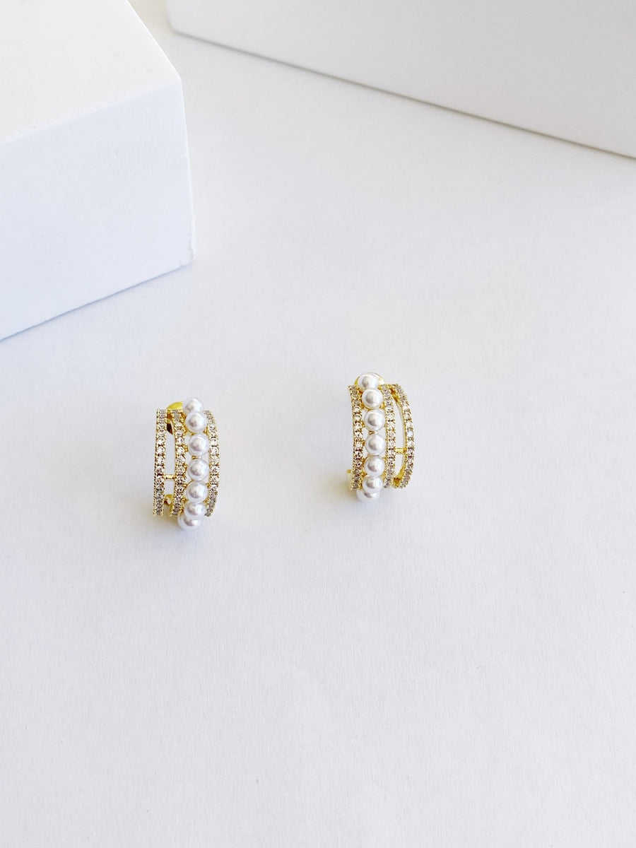 Gold Zirconia Pearl Wedding Hoops Earrings.