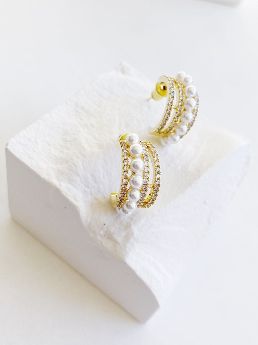Gold Zirconia Pearl Wedding Hoops Earrings.