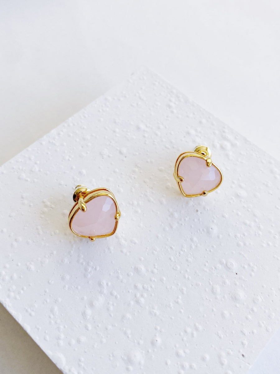 Heart-Shaped Pink Crystal Stud Earrings in 18K Gold.