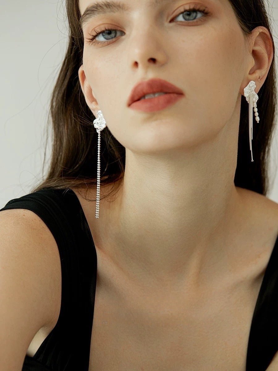 Linear Pearl Drop Earrings In Silver.