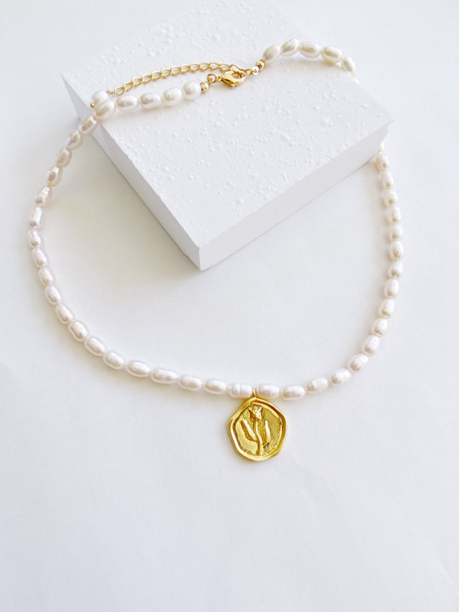 Rose Symbol Baroque Pearl Pendant Necklace by NJP.
