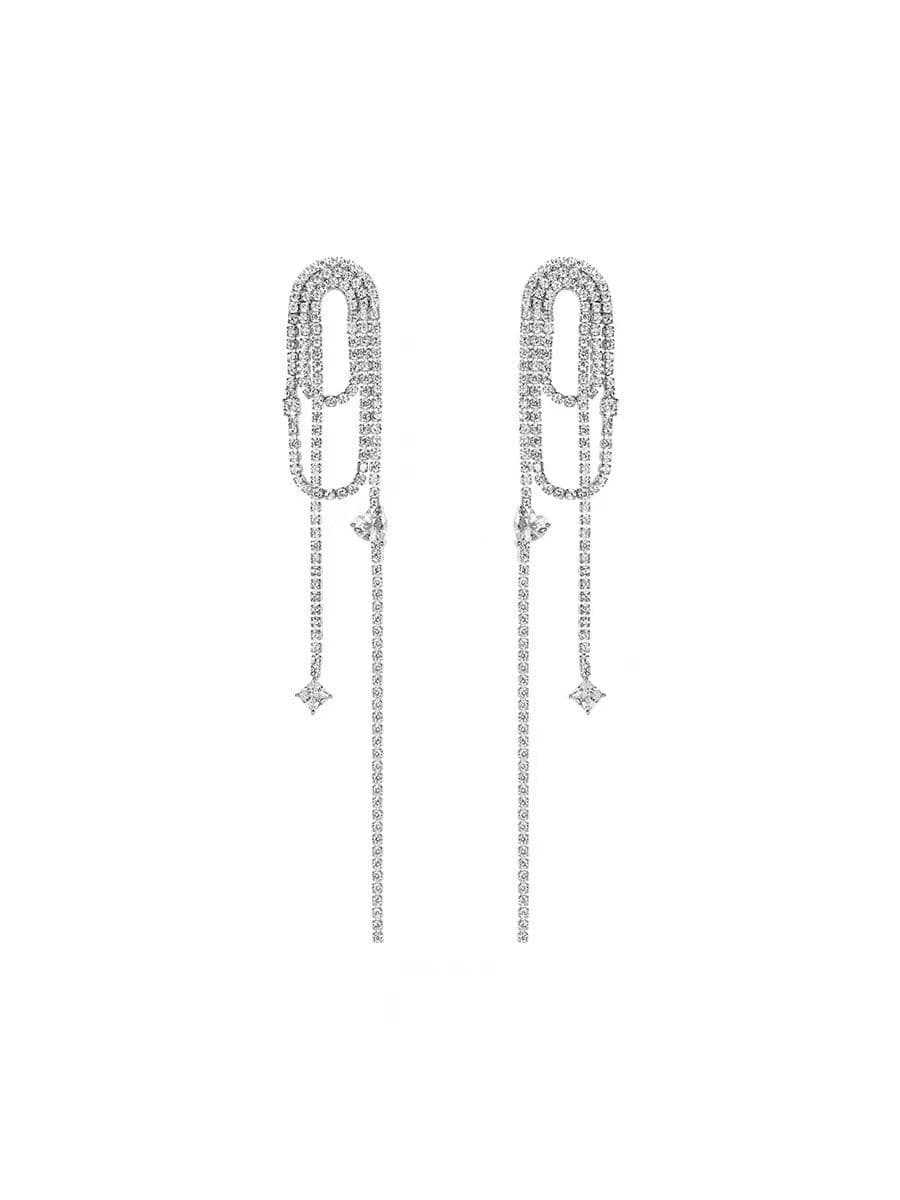 Silver Star Fringe Earrings with Crystals.