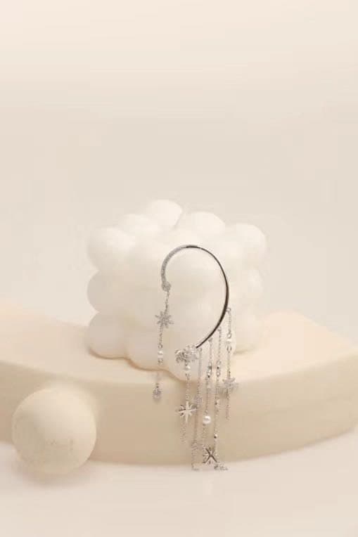 Silver Tassel Rhinestone Ear Cuff.